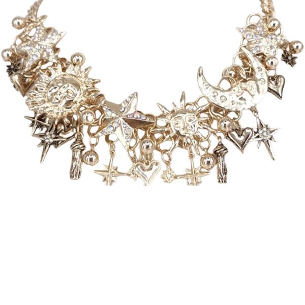 RHINESTONE SUN MOON STAR MULTI CHARM STATEMENT NECKLACE