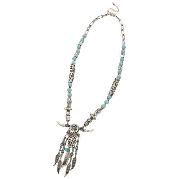 WESTERN STYLE BULL FEATHER SKULL PENDANT BEAD CHAIN NECKLACE EARRING SET