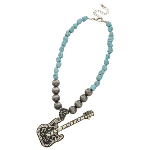 WESTERN STYLE GUITAR PENDANT BEAD STONE NECKLACE EARRING SET