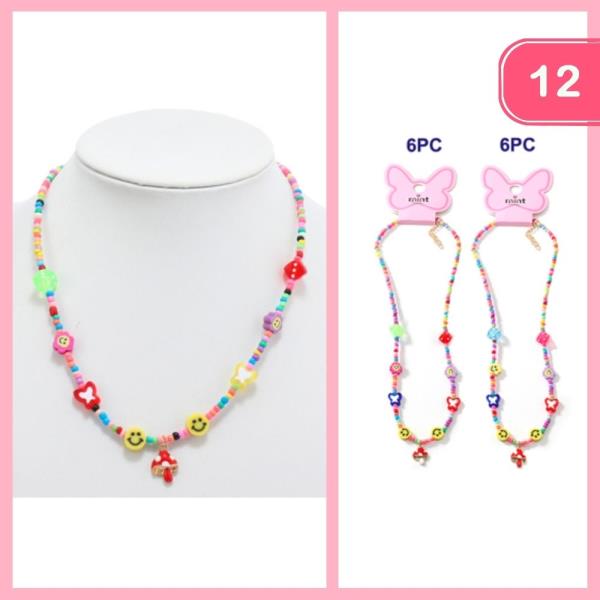 BEADED HAPPY FACE BUTTERFLY MUSHROOM PENDANT NECKLACE (12 UNITS)