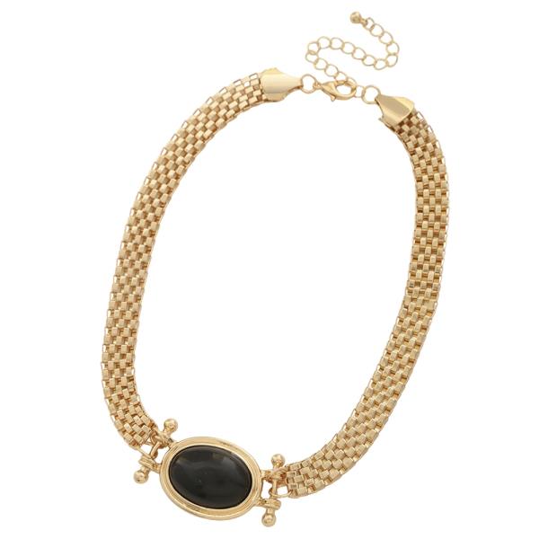 SDJ OVAL STONE METAL MESH CHAIN NECKLACE