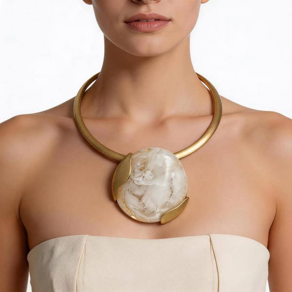 RESIN MARBLE ROUND PENDANT COLLAR WIRE METAL NECKLACE