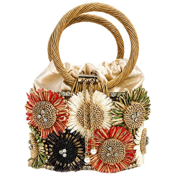 MULTI COLOR FLORAL DECORATED TOP HANDLE DRAWSTRING BUCKET BAG