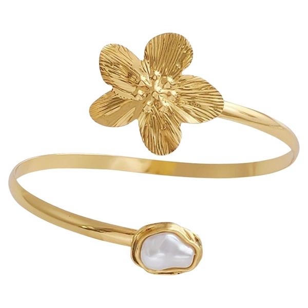 METAL FLOWER CRYSTAL OPEN ARM CUFF BRACELET