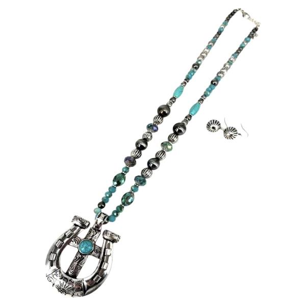 WESTERN HORSESHOE TURQUOISE PENDANT NECKLACE EARRING SET