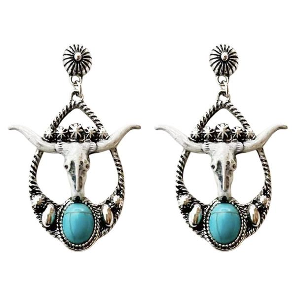 WESTERN TURQUOISE LONGHORN DANGLE EARRING