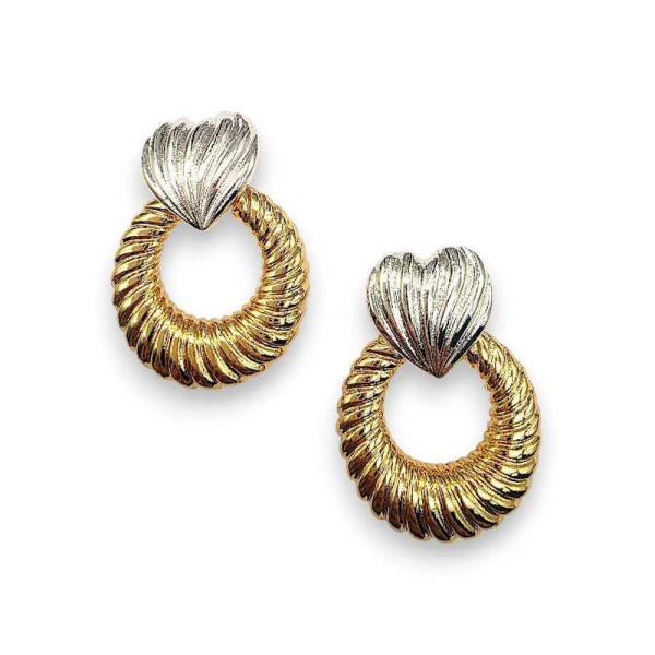 TWO-TONE RIBBED HEART STUD ROUND HOOP DROP EARRING