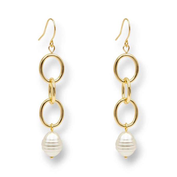 DOUBLE RING LINK DANGLE EARRING WITH SMALL DISC CHARM