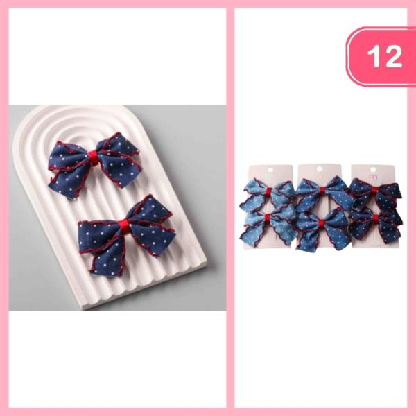 STRING TRIMP POLKA DOTTED DENIM HAIR BOW (12 UNITS)