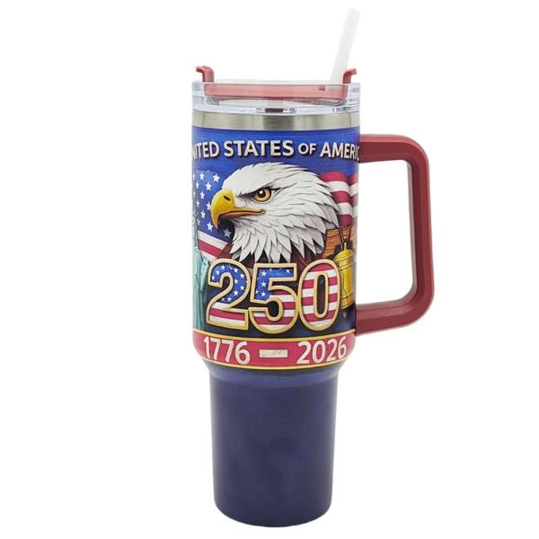 USA 250TH ANNIVERSARY EAGLE TUMBLER WITH HANDLE & STRAW (1776–2026 PATRIOTIC DESIGN)