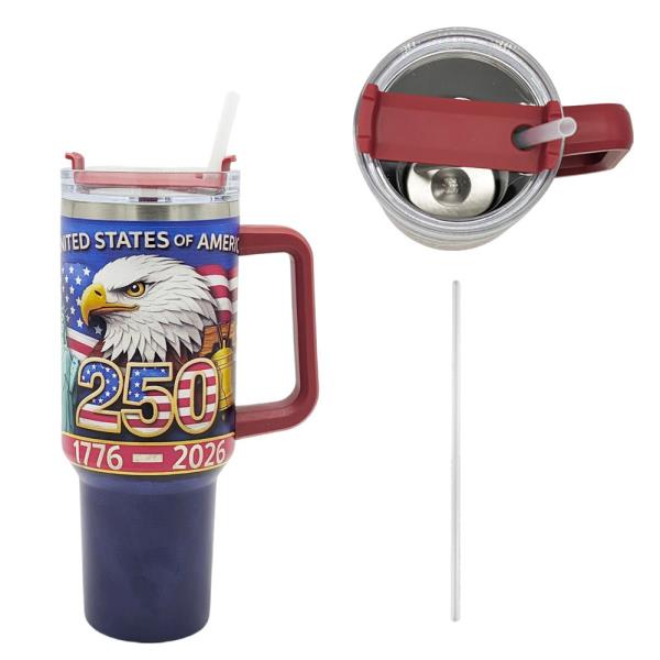 USA 250TH ANNIVERSARY EAGLE TUMBLER WITH HANDLE & STRAW (1776–2026 PATRIOTIC DESIGN)