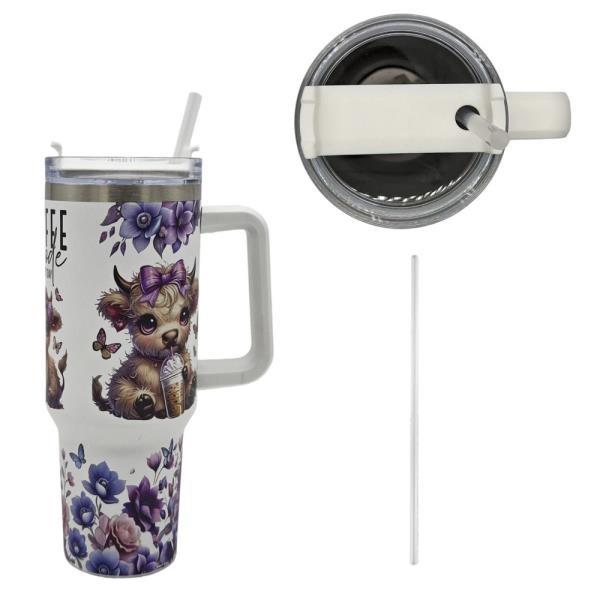 40OZ BABY HIGHLAND COW FLORAL TUMBLER WITH HANDLE & STRAW (PURPLE FLOWER DESIGN)