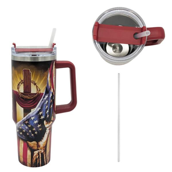 40OZ FAITH CROSS AMERICAN FLAG TUMBLER WITH HANDLE & STRAW (PATRIOTIC CHRISTIAN DESIGN)