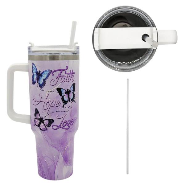 40OZ BUTTERFLY AFFIRMATION TUMBLER WITH HANDLE & STRAW (PURPLE GRADIENT INSPIRATIONAL DESIGN)