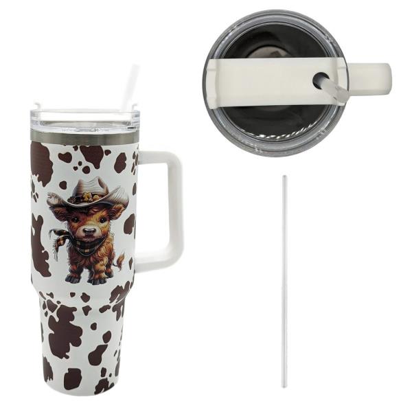 40OZ HIGHLAND COW COWHIDE PRINT TUMBLER WITH HANDLE & STRAW (WESTERN RANCH DESIGN)