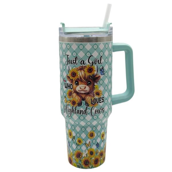 40OZ HIGHLAND COW SUNFLOWER PRINT TUMBLER WITH HANDLE & STRAW (INSPIRATIONAL QUOTE DESIGN)