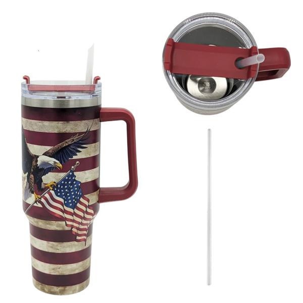 40OZ AMERICAN FLAG EAGLE TUMBLER WITH HANDLE & STRAW (VINTAGE PATRIOTIC DESIGN)