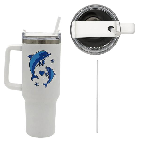 40OZ DOLPHIN LOVE TUMBLER WITH HANDLE & STRAW (OCEAN THEME HEART DESIGN)