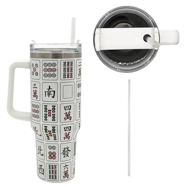 40OZ MAHJONG TILE TUMBLER WITH HANDLE & STRAW