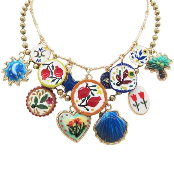 ENAMEL CERAMIC MULTI CHARM STATEMENT NECKLACE