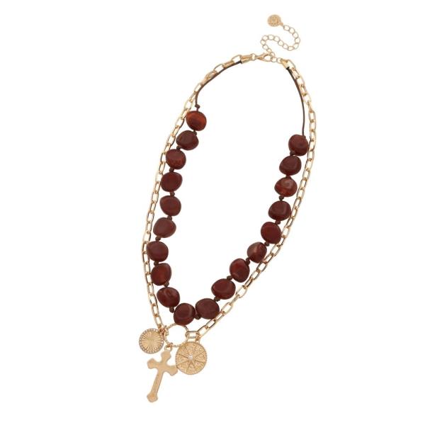 BEADED METAL CHAIN CROSS PENDANT NECKLACE