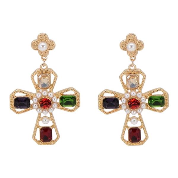 RHINESTONE PEARL CROSS DROP EARRING