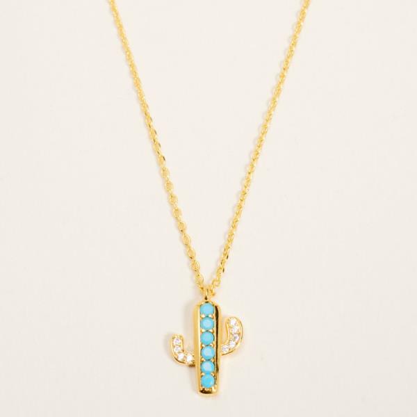 CACTUS W/ TQ, CLEAR CZ PAVED GOLD-DIPPED PENDANT NECKLACE