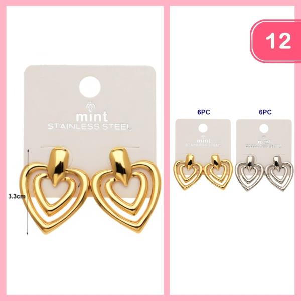 STAINLESS STEEL LAYERED HEART POST EARRING (12 UNITS)