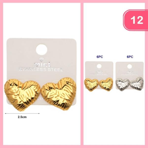 STAINLESS STEEL TEXTURED HEART POST EARRING (12 UNITS)