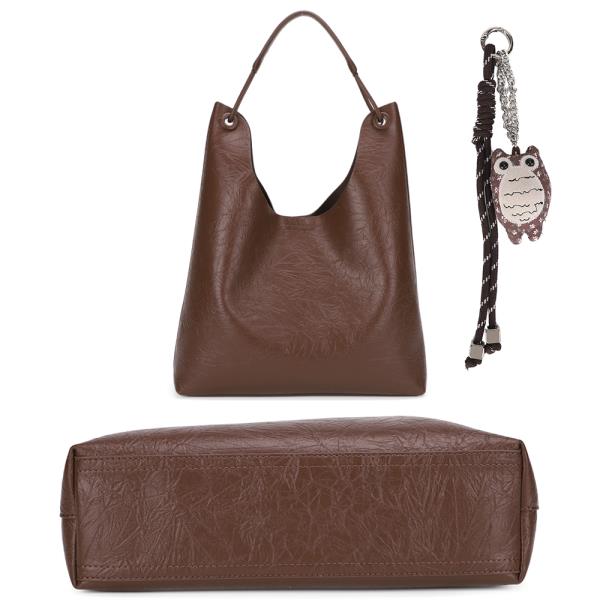 2IN1 PLAIN TEXTURED SHOULDER HOBO BAG W POUCH AND KEYCHAIN