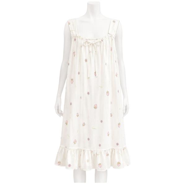 SLEEVELESS STRAWBERRY PRINTED RUFFLE HEM NIGHTGOWN PAJAMA DRESS