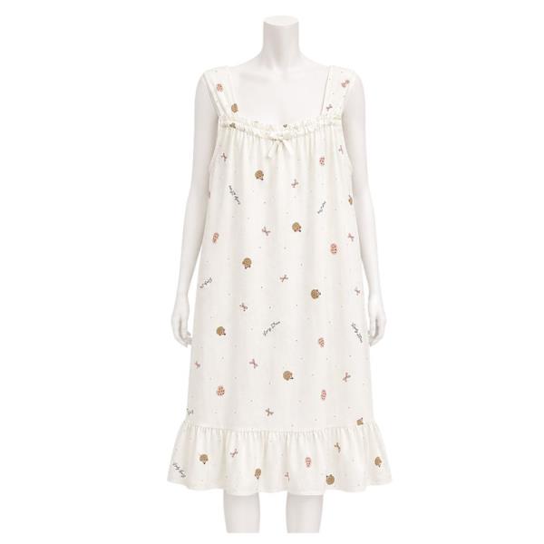 SLEEVELESS TEDDY BEAR PRINTED RUFFLE HEM NIGHTGOWN PAJAMA DRESS