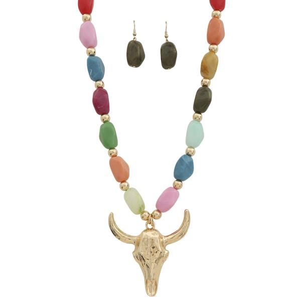 BULL SKULL PENDANT BEADED NECKLACE EARRING SET