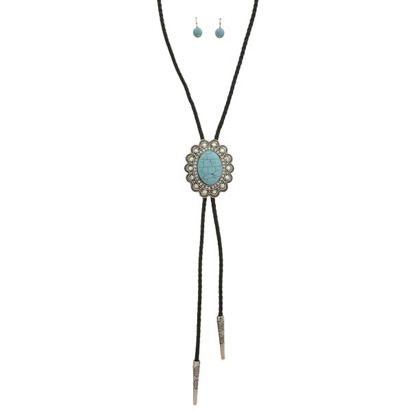 TURQUOISE STONE FLOWER BOLO NECKLACE EARRING SET