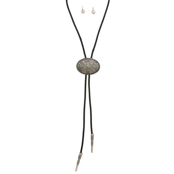 WESTERN OVAL CROSS BOLO NECKLACE EARRING SET
