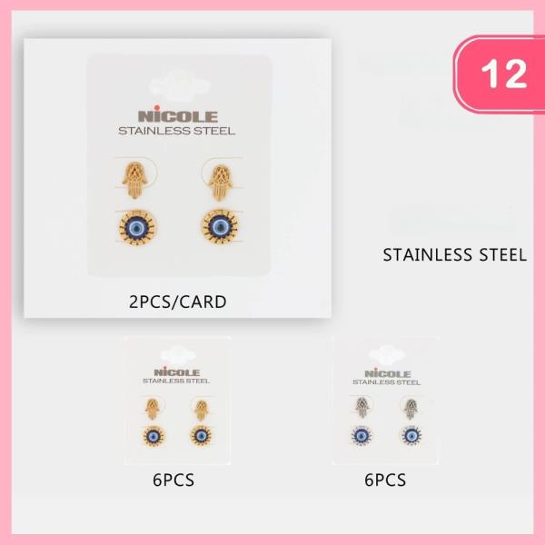 STAINLESS STEEL EVIL EYE HAND POST EARRINGS (12 UNITS)
