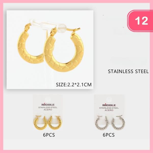 STAINOLESS STEEL TEXTURED HOOP EARRING (12 UNTIS)