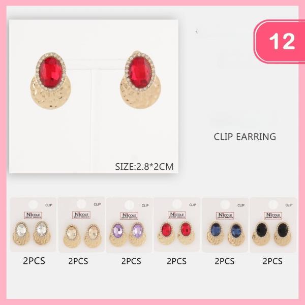 METAL RHINESTONE TEARDROP CLIP ON EARRING (12 UNITS)