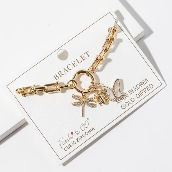 CZ DRAGONFLY BEE , BUTTERFLY CHARM DANGLING BRACELET