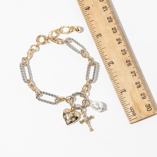 CZ TWO TONE CROSS HEART PEARL CHARM BRACELET