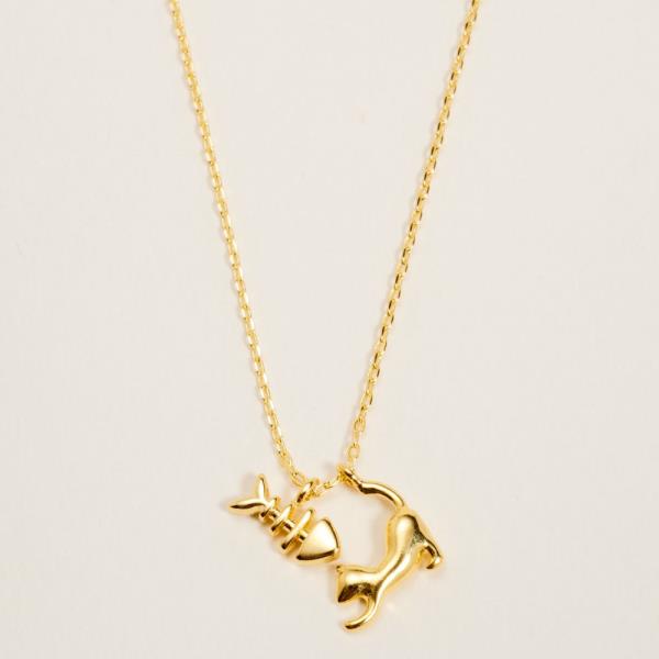 CAT AND FISH SHAPED METAL W/ GOLD-DIPPED PENDANT NECKLACE