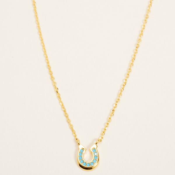 HORSE SHOES W/ TQ, CLEAR CZ PAVED GOLD-DIPPED PENDANT NECKLACE