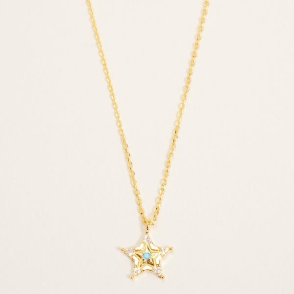 STAR W/ TQ, CLEAR CZ PAVED GOLD-DIPPED PENDANT SHORT NECKLACE