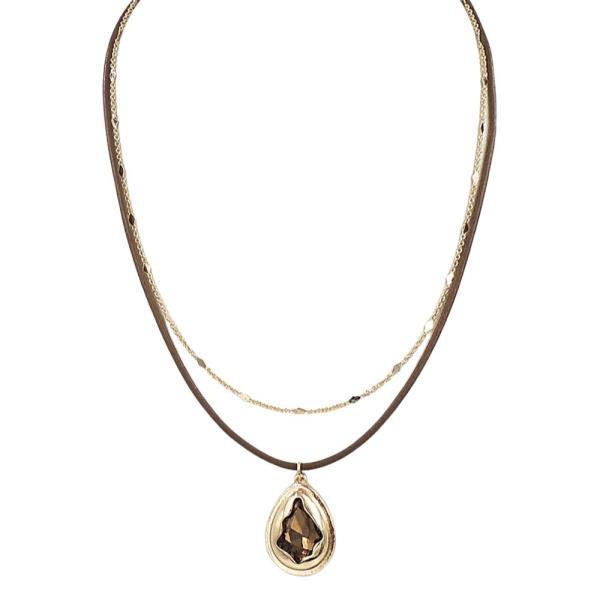 LAYERED TEARDROP PENDANT LEATHER CHAIN NECKLACE