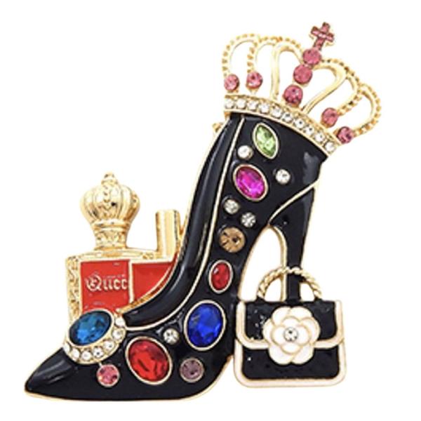 HIGH-HEEL BROOCH DECORATED WITH COLORFUL RHINESTONES, A CROWN, AND A SMALL HANDBAG