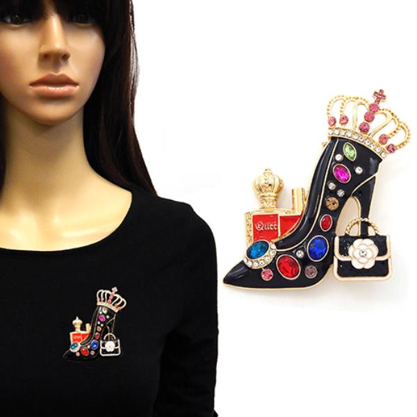 HIGH-HEEL BROOCH DECORATED WITH COLORFUL RHINESTONES, A CROWN, AND A SMALL HANDBAG