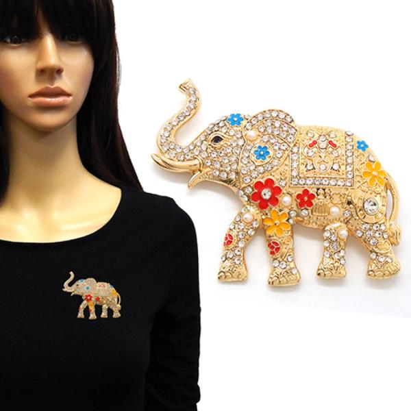 RHINESTONE ELEPHANT BROOCH WITH EPOXY FLOWERS ALL OVER THE BODY