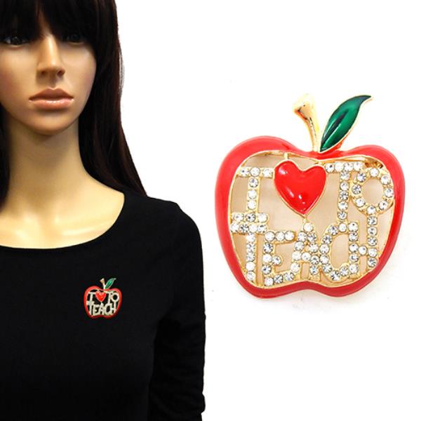 APPLE BROOCH "I [HEART] TO TEACH" CUT OUT FROM THE CENTER, RED ENAMEL