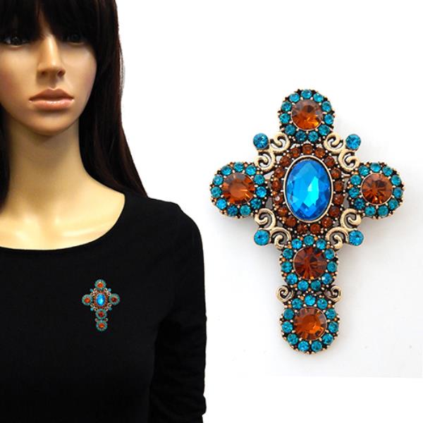 METAL CROSS WITH RHINESTONE  ACCENT BROOCH