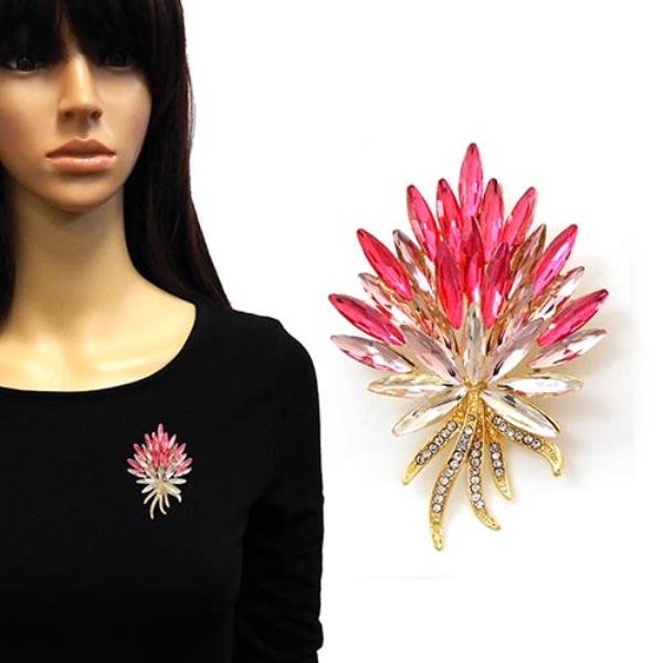 RHINESTONE AND GLASS FLOWER BROOCH
